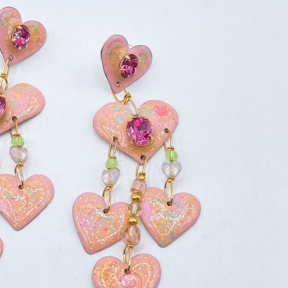 Lunch At The Ritz Pink Heart Dangle Earrings W/ Rhinestones & Beads Gold Tone Ba - Picture 2 of 7